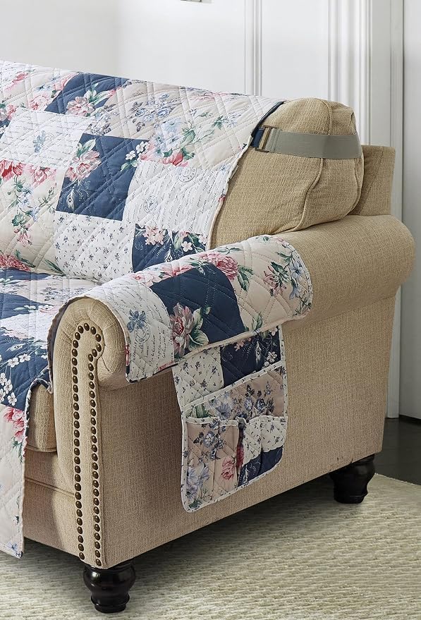 Brilliant Sunshine Vintage Indigo Roses Patchwork Couch Armrest Organizer, Non Slip Armchair Caddy for Sofa Recliner, Washable Remote Control Holder, Storage for Magazine, Phone, iPad (35"×13")
