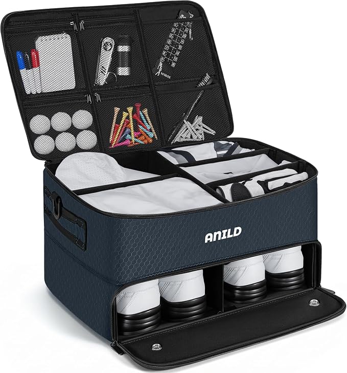 ANILD Golf Trunk Organizer, 2 Layer Golf Storage Case with Separate Ventilated Compartment for 2 Pair Shoes, for Balls, Tees, Clothes, Gloves, Accessories, Golfer Gifts