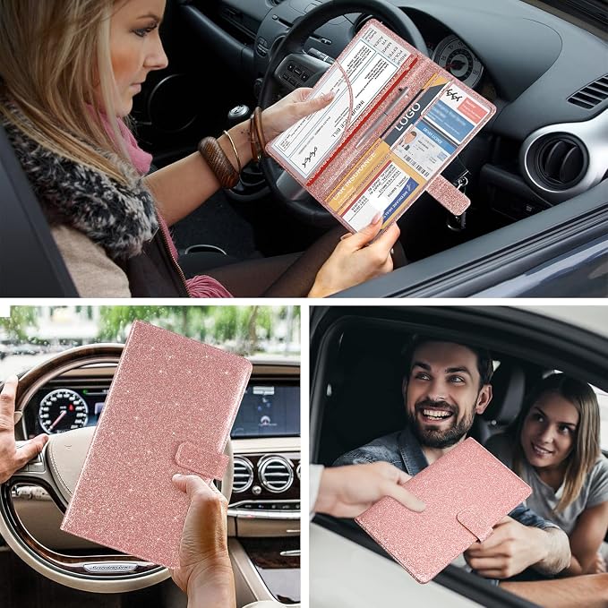 DMLuna Car Registration and Insurance Holder, Leather Vehicle Card Document Glove Box Organizer, Auto Truck Compartment Accessories for Essential Information, Driver License Cards, Glitter Rose