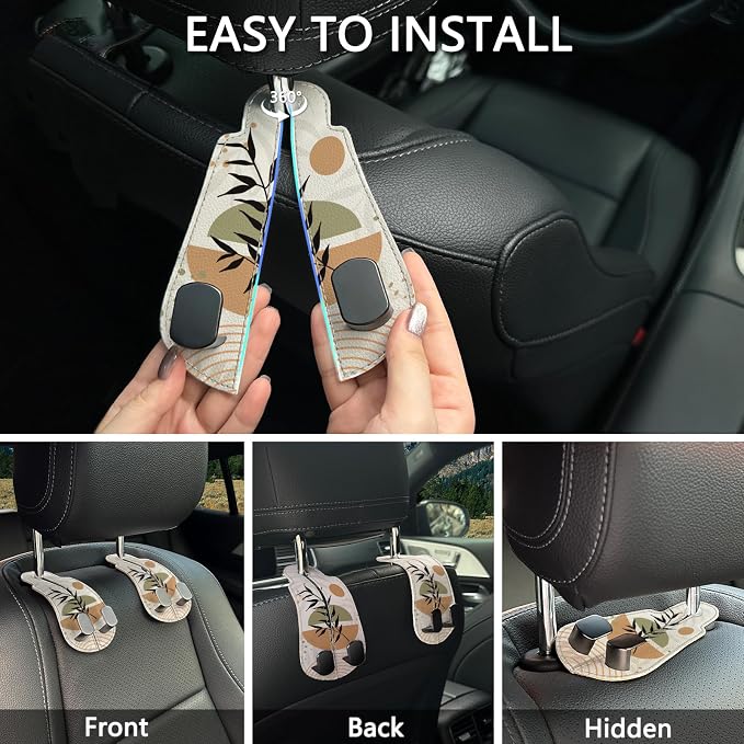 Blusabaca 2PCS Car Seat Back Storage Headrest Hooks, Abstract Boho Leaves Purse Holder Bags Hanger, PU Leather Double Metal Hook Backseat Organizer, Women Car Accessories Organization