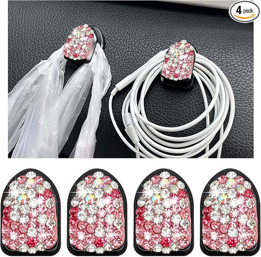 Yourkar 4PCS Bling Car Mini Hooks, Multifunctional Adhesive Small Auto Storage Hook for Key Cable Mask, Crystal Rhinestone Dashboard Hanging Hook, Interior Decor Car Accessories (Pink)