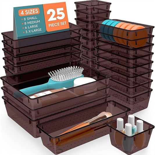 SpaceHacks 25 PCS Plastic Drawer Organizer Set, 4-Size Versatile Organizer Trays & storage Bins for Makeup, Jewelry, and Gadgets in Bathroom, Bedroom and Office,Brown