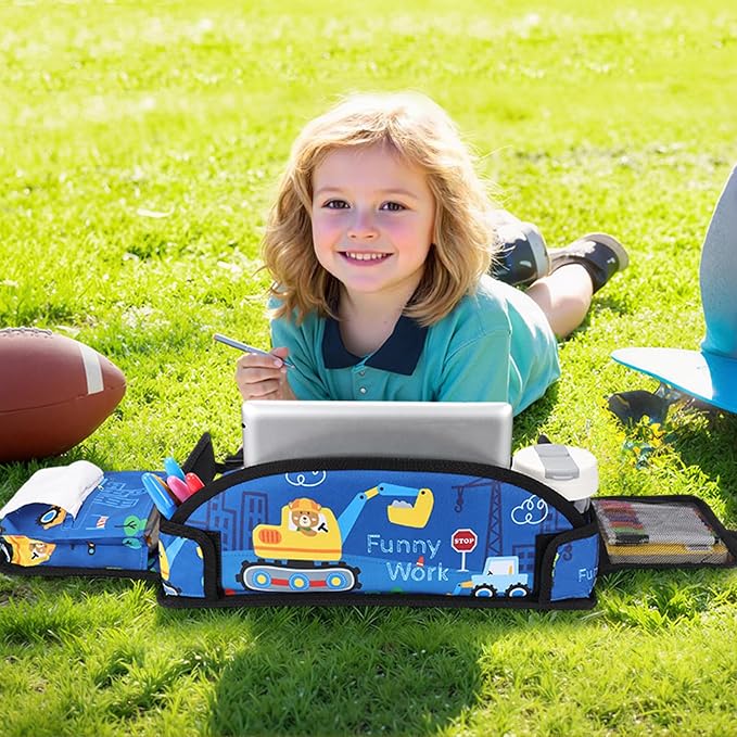Kids Travel Tray for Airplane - Toddler Car Seat Table Tray, Road Trip Essentials for Boys & Girls, Carseat Lap Desk for Kids Road Trip Activities (Dark Blue Car)