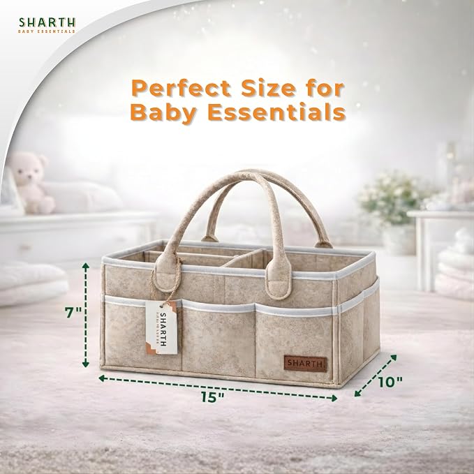 Sharth Baby Diaper Caddy Organizer with Upgraded Stitched Edges – Foldable Felt Nursery Organizer with Handle, Removable Dividers & 8 Outer Pockets, Portable Baby Shower Registry Gift (Beige)