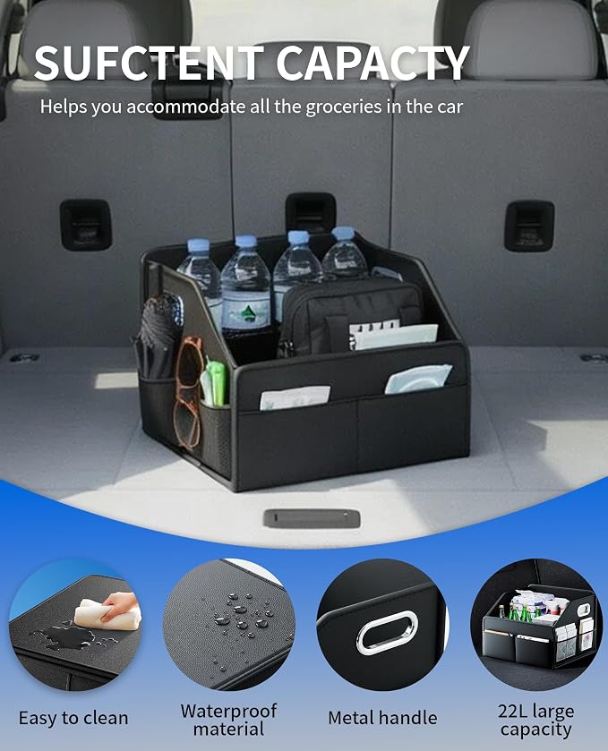 Car Storage Organizer, Foldable with Removable Dividers, PU Leather Seat Organizer with Metal Handle, Non-Slip Stable Design, Passenger Front Seat Storage for Back Seat & Floor, 12.6 Inches