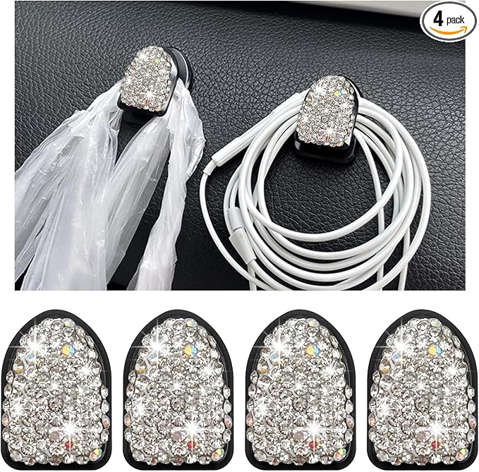 Yourkar 4PCS Bling Car Mini Hooks, Multifunctional Adhesive Small Auto Storage Hook for Key Cable Mask, Crystal Rhinestone Dashboard Hanging Hook, Interior Decor Car Accessories (White)