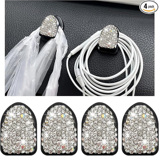 Yourkar 4PCS Bling Car Mini Hooks, Multifunctional Adhesive Small Auto Storage Hook for Key Cable Mask, Crystal Rhinestone Dashboard Hanging Hook, Interior Decor Car Accessories (White)