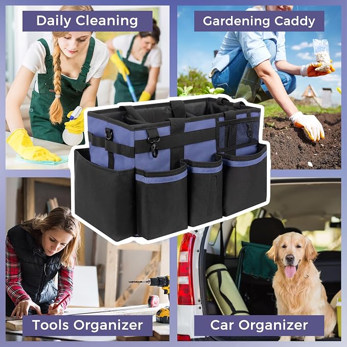 SCAVATA Wearable Cleaning Caddy, Cleaning Caddy Supplies Organizer with Handle & Shoulder Straps for Housekeepers, Under Sink & Car Cleaning Tool Organizers Bag with 4 Foldable Divider (CeruleanBlue)