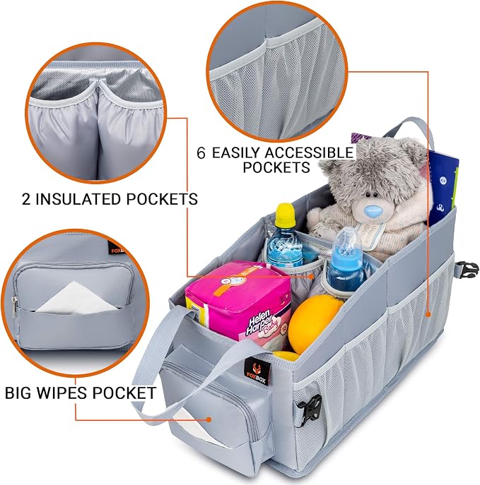 FoxBox Car Seat and Trunk Organizer, Front or Back Seat Storage - SUV Passenger Floor, Under or Between Seats Organization, Car Gifts for Men and Women (Grey)