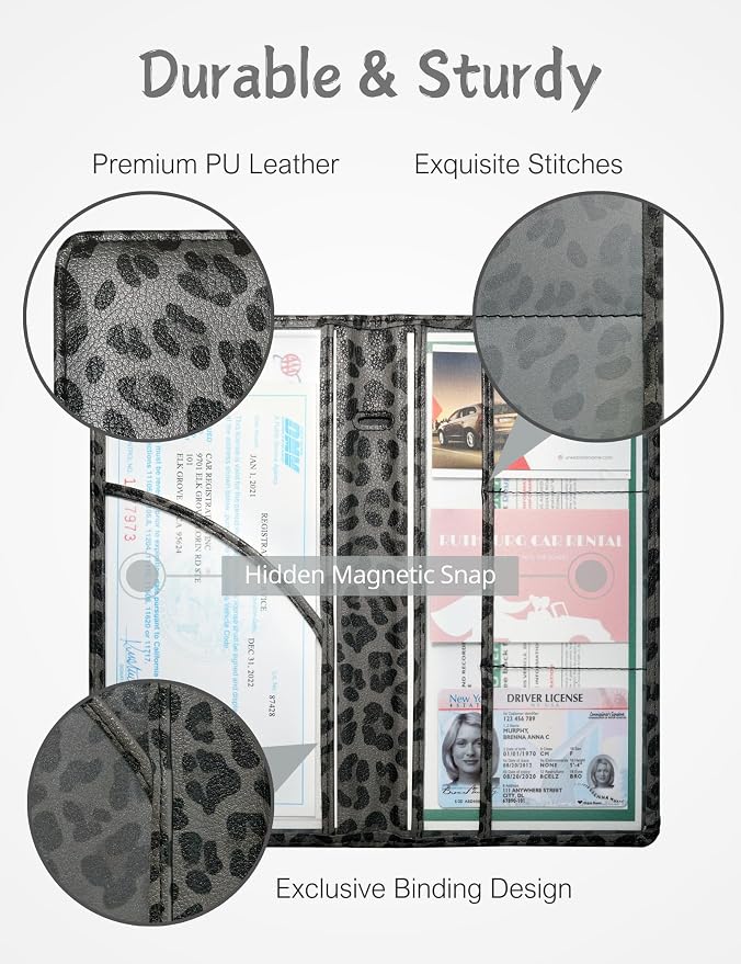 Mymazn Car Registration and Insurance Holder, PU Leather Glove Box Car Organizer with Magnetic Closure, Car Document Holder for Driver's License & Essential Documents (Grey Leopard)