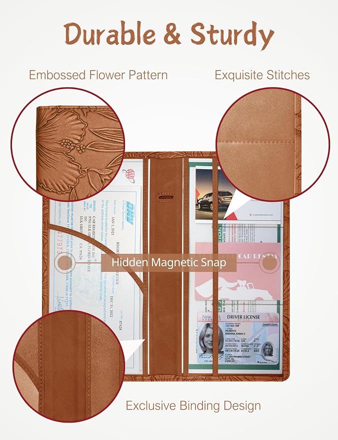 Mymazn Car Registration and Insurance Holder, PU Leather Glove Box Car Organizer with Magnetic Closure, Car Document Holder for Driver's License & Essential Documents (Floral Brown)