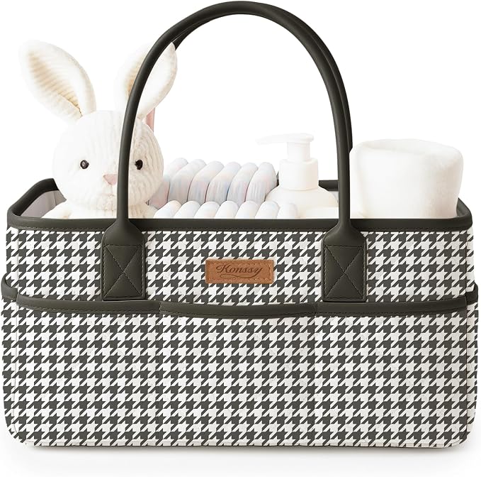 Konssy Quilted Diaper Caddy Organizer, Diaper Caddy Basket with PU Leather Handles, Water-Repellent Nursery Storage Basket, Portable Car Organizer, Registry Search Must Haves (Black Hound)