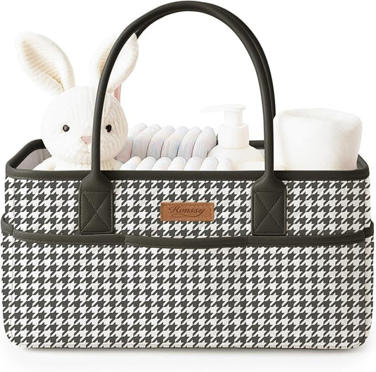 Konssy Quilted Diaper Caddy Organizer, Diaper Caddy Basket with PU Leather Handles, Water-Repellent Nursery Storage Basket, Portable Car Organizer, Registry Search Must Haves (Black Hound)