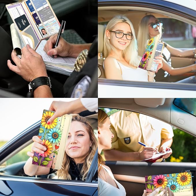 Car Registration and Insurance Holder with Magnetic Closure, Universal Document Organizer for License, Insurance Cards & Glove Box Storage (Sunflower-Colorful)