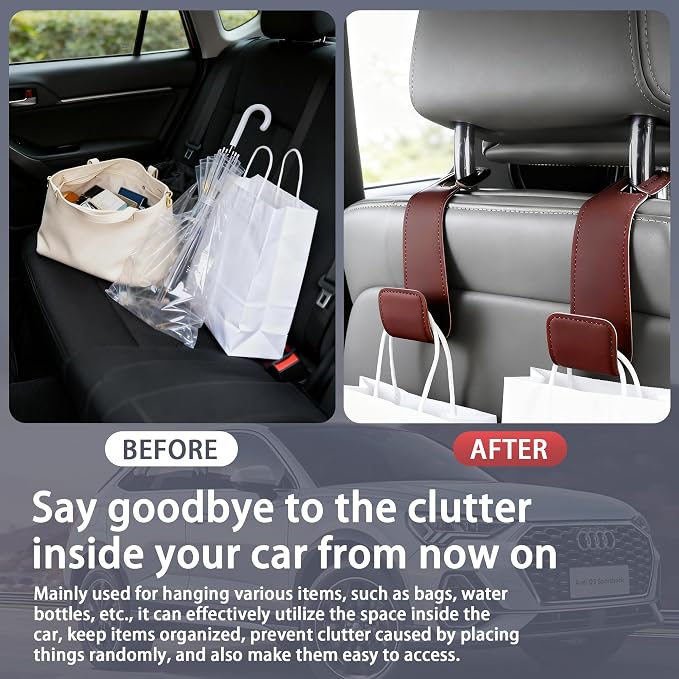 Leather Car Purse Hooks with Larger Strap Holder Purse Hook Purse Holder for car car seat Back Hooks Automotive seat Back Organizer headrest Hooks for Bags and Purse (Orange, 2pcs)