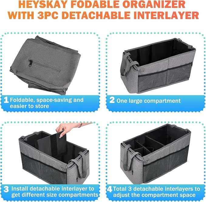 HEYSKAY Car Seat Organizer-Passenger Seat Organizer, Collapsible Small Car Seat Organizer for Console Front/Back, Car Seat Caddy Organizer with 4pc Drink Holders Automotive Backseat Organizer for Kids