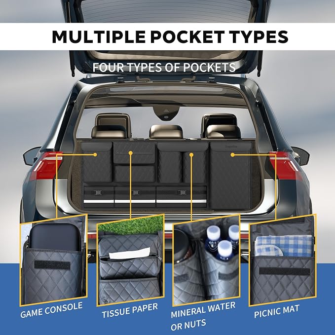 Backseat Hanging Organizer with Large Storage Bags | PU Leather, Large Capacity | Adjustable Straps, Waterproof & Collapsible | Universal Fit for SUVs, Sedans & Trucks | Black, 37.8" x 18.1" - P810