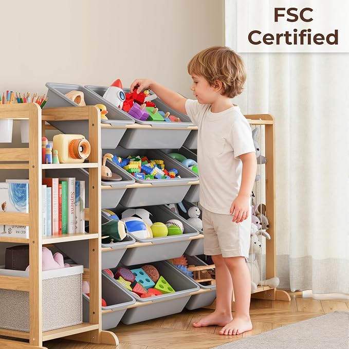 Toy Storage Organizer with Bookshelf and Stuffed Animal Storage - Kids Playroom Organization with Shelves and 16 Toy Bins - Toddler Living Room Toy Box for Lego - Nursery Bedroom Decor Essential