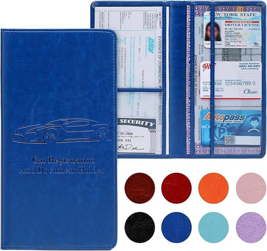 Car Registration and Insurance Card Holder for Women Men, Dark Blue Glove Box Paperwork Organizer with Magnetic Buckle for Easy Access and Protect Documents and Various Cards in Vehicle