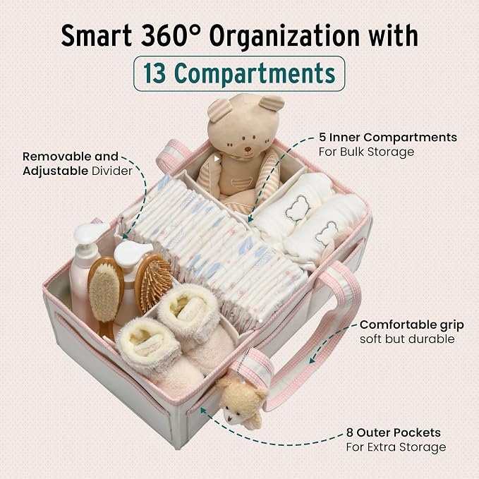 PeraBella Baby Diaper Caddy Organizer, Baby Basket Shower Gift Caddy, Portable Felt Changing Table Basket, Nursery Storage Bin, Newborn Boy and Girl Essentials for Registry, Car Diaper Organizer