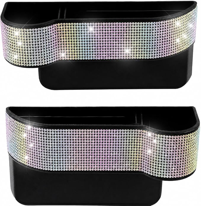 Bling Bling Car Seat Organizer Front Seat Gap Filler with Crystal Rhinestones Diamond, PU Leather Car Seat Console Storage Organizer for Car Accessories (Colorful)