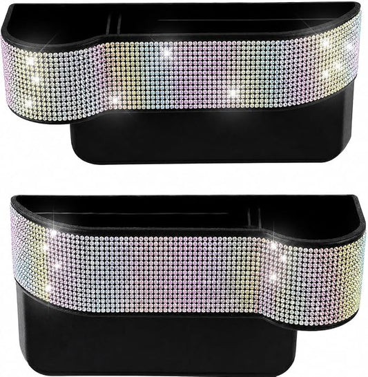 Bling Bling Car Seat Organizer Front Seat Gap Filler with Crystal Rhinestones Diamond, PU Leather Car Seat Console Storage Organizer for Car Accessories (Colorful)