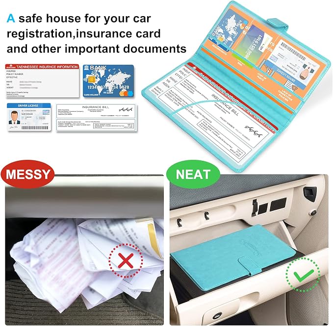 DMLuna Car Registration and Insurance Holder, Leather Vehicle Card Document Glove Box Organizer, Auto Truck Compartment Accessories for Essential Information, Driver License Cards, Sky Blue
