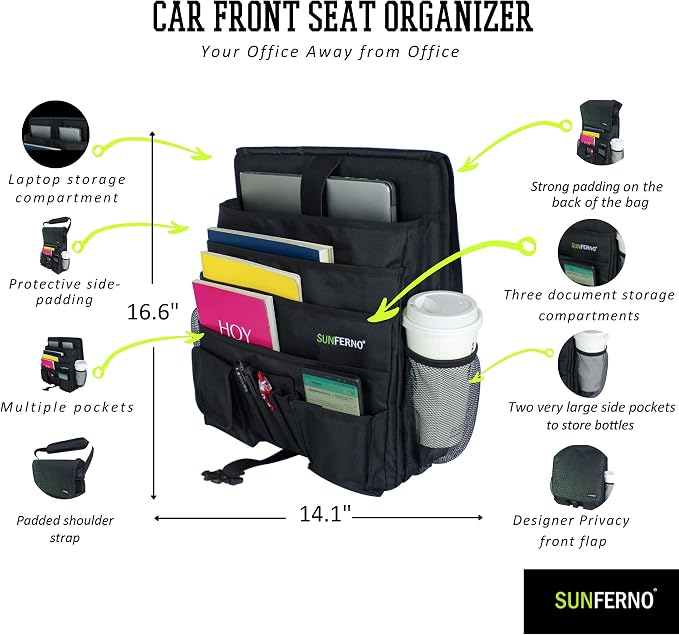 Sunferno Car Front Seat Organizer - Truck Cab Organizer & Car Seat Storage Organizers - Hanging Car Organizer Multiple Pockets Storing Documents Laptop - Car Office Organizer - Front Seat SUV, Truck