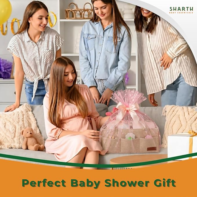 Sharth Baby Diaper Caddy Organizer with Upgraded Stitched Edges – Foldable Felt Nursery Organizer with Handle, Removable Dividers & 8 Outer Pockets, Portable Baby Shower Registry Gift (Beige)