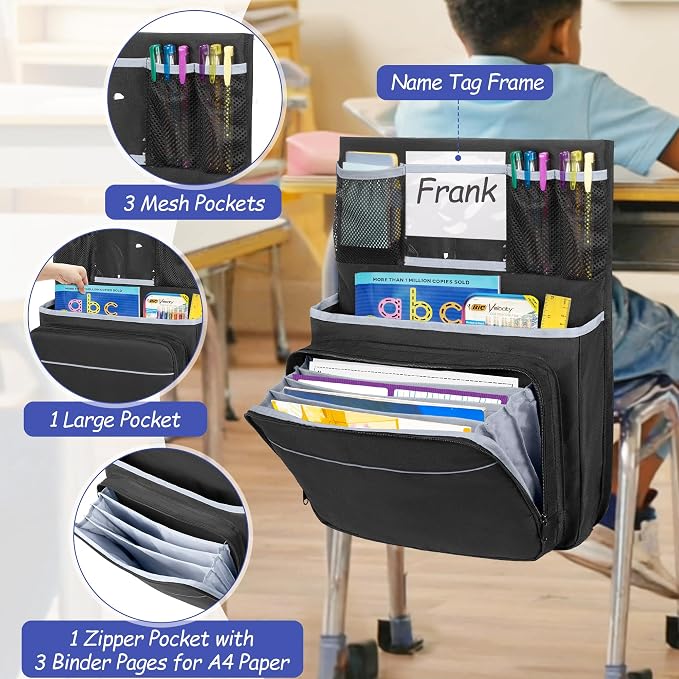 GRAOSO 15” x 20” Chair Pocket For Classroom, 1 Piece Seat Sack, Chairback Buddy Organizer Pocket for School, Kindergarten with Name Tag, Mesh Pockets, Binder Pages Storage (Black)