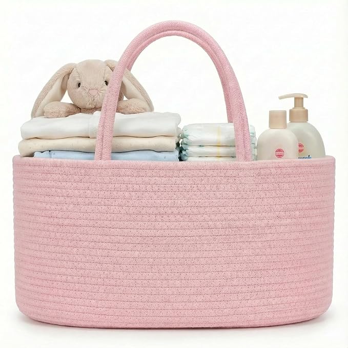luxury little Diaper Caddy Organizer, Large Cotton Rope Nursery Baby Basket, Changing Table Organizer for Baby Diaper Storage, Portable Car Organizer Removable Divider (Light Pink, Extra Large)