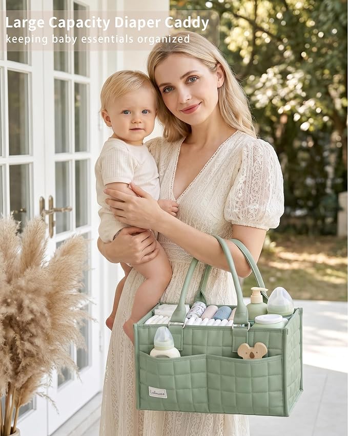 Baby Diaper Caddy Organizer, Portable Nursery Storage Basket with Handle for Newborn Boy or Girl, Gift for Baby Shower Essentials, Registry Must Have Bag, Caddie Car Organizer, Green