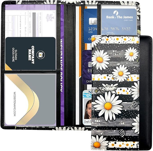Car Registration and Insurance Holder with Magnetic Closure, Universal Document Organizer for License, Insurance Cards & Glove Box Storage (Daisy)