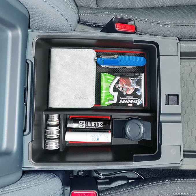 EDBETOS Center Console Organizer Tray Compatible with Nissan Frontier 2022 2023 2024 2025 2026 Pickup Truck Accessories Interior Armrest Storage Box Insert Tray, USB Cable Hole, ABS Material, Red