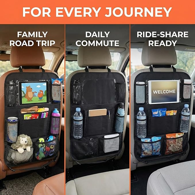 Car Backseat Organizer with Tablet Holder for Kids Toddlers | 9 Storage Pockets, Kick Mats Seat Protector, Waterproof, Universal Fit, Travel Accessories