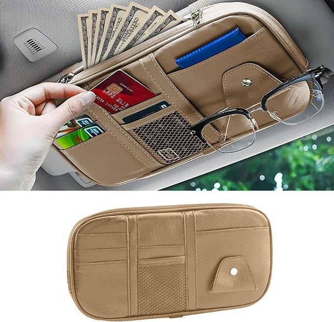 Car Sun Visor Organizer, Sunglass Holder and Storage Pocket, Card Cash Pouch with Multi-Pocket Net Zipper, Case Bag for License Pen Key, Auto Accessories for Truck, SUV, Van (Beige)