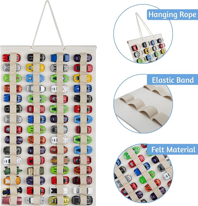Hanging Storage Organizer for Toy Cars Felt Display Case Hold Up 60 Toy Cars (Cream)