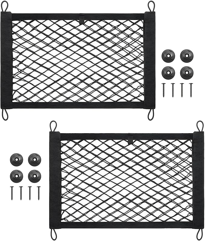 2 Pcs Small Cargo Net, Mesh Pocket Elastic Cargo Net Stretchable Car Net Pocket Storage with 8 Mounting Screws and Hooks for SUV/Car/Truck/RV/Boat（17.7 ×9.8in）