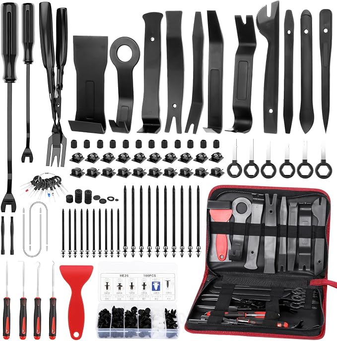 GLK 248pcs Trim Removal Tool, Pry Tool, Door Panel Radio/Stereo Terminal Removal Tool Kit, Fasteners Remover, with Car Retainer Bumper Clips,Automotive Hook Set, Black