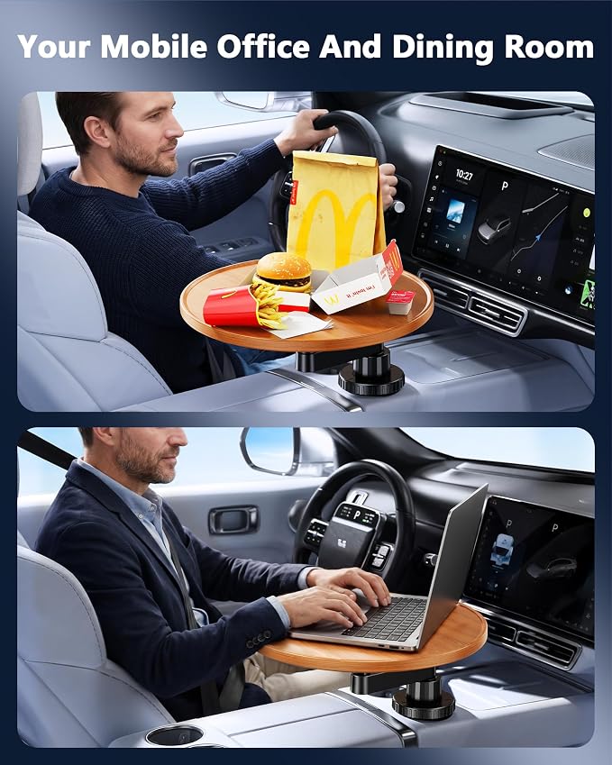 Wood Car Cup Holder Tray Table for iPad Laptop Food, 360 Swivel Car Desk for Working & Eating, Easy Mounting Car Road Trip Essentials for Tesla Model 3 Y Sedan SUV Pickup Semi Truck RV