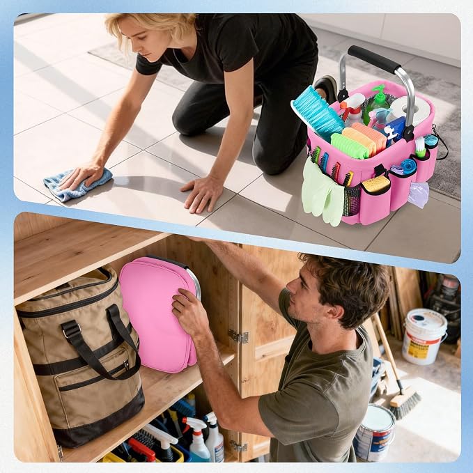 PGmoon Cleaning Caddy Organizer with Handle, Cleaning Tote Bag with Multiple Pockets for Cleaning Supplies, Products Storage, Housekeepers, Kitchen Cleaning Supplies, Pink