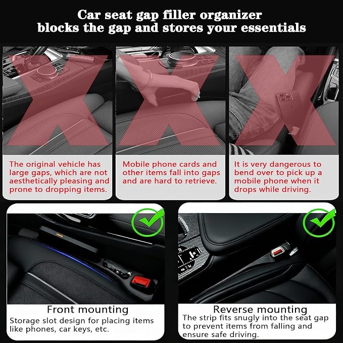 Car Seat Gap Filler Organizer of 2 – Universal Car Gap Seat Filler with Storage Pockets, No Drop Seat Guard for Phones, Keys & Cards, Car Accessories for Most Cars Trucks SUVs (Black)
