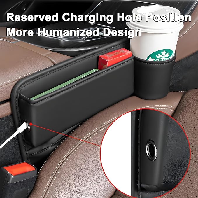Car Seat Gap Filler Organizer, Universal Premium Leather Seat Organizer with Cup Holder, Seat Gap Storage Box with Bottle Holder, Car Leather Gap Bag Front Center Console Seat (Passenger Side)