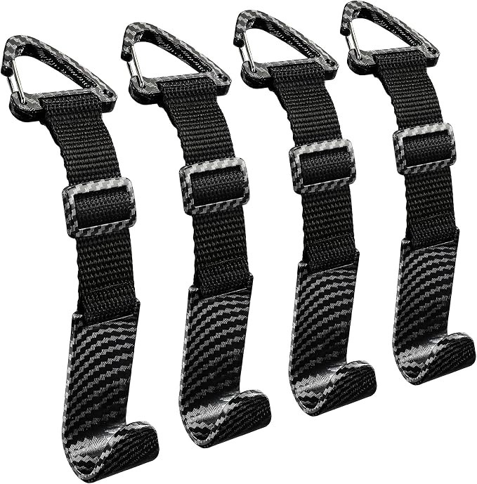 Amooca Headrest Hooks for Car Adjustable 4 Pack Vehicle Seat Back Organizer Storage Hanger Holder for Purse Bags Universal Fit with Clip Black Carbon Fiber