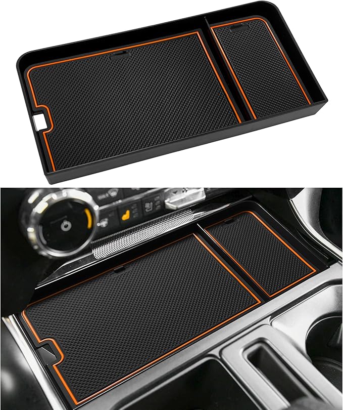 Center Console Organizer Tray for Ford F150 2021-2024/Lightning XLT 2022-2024 Interior Accessories Hidden Insert Storage Box with USB Hole Fit Front Shifter Open Pocket (Orange)