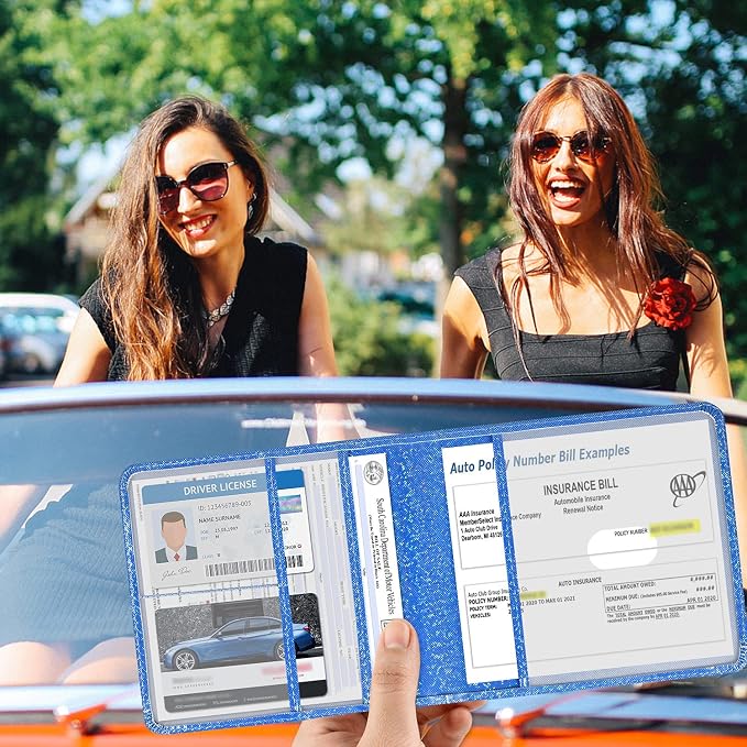 DMLuna Car Registration and Insurance Holder, Folio Leather Vehicle Card Document Glove Box Organizer, Driver License Cards, Royal Blue Glitter