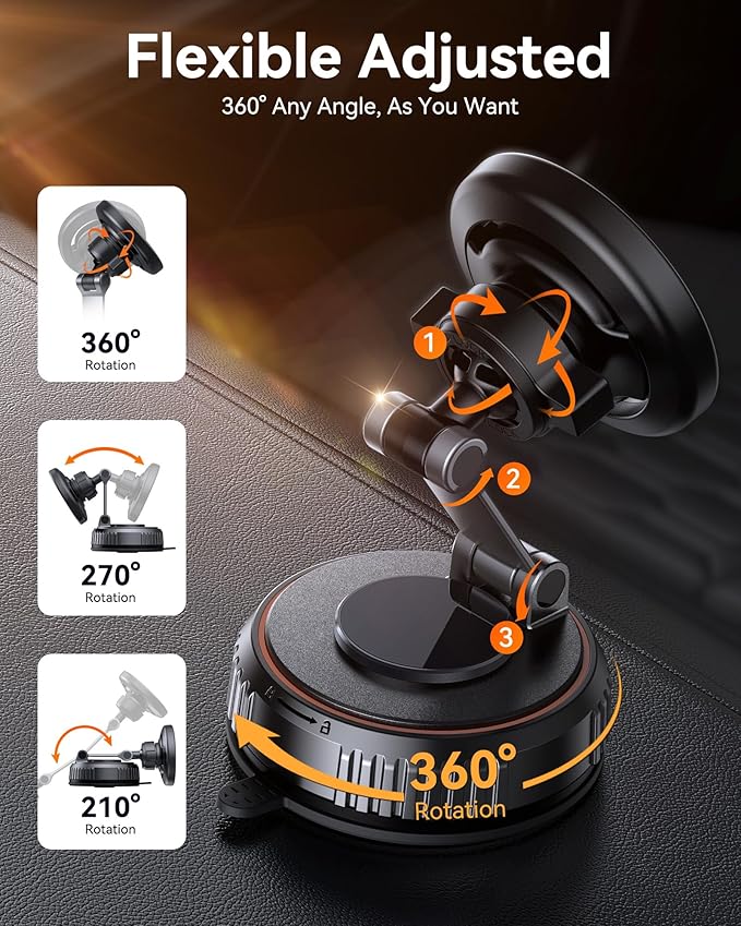 Miracase for MagSafe Car Mount[3600gf Strong Magnet & 89+LBS Suction Base]Vacuum Magnetic Phone Holders for Your Car, 360° Adjustable Dashboard & Windshield Mount with Dash Accents for All Smartphones