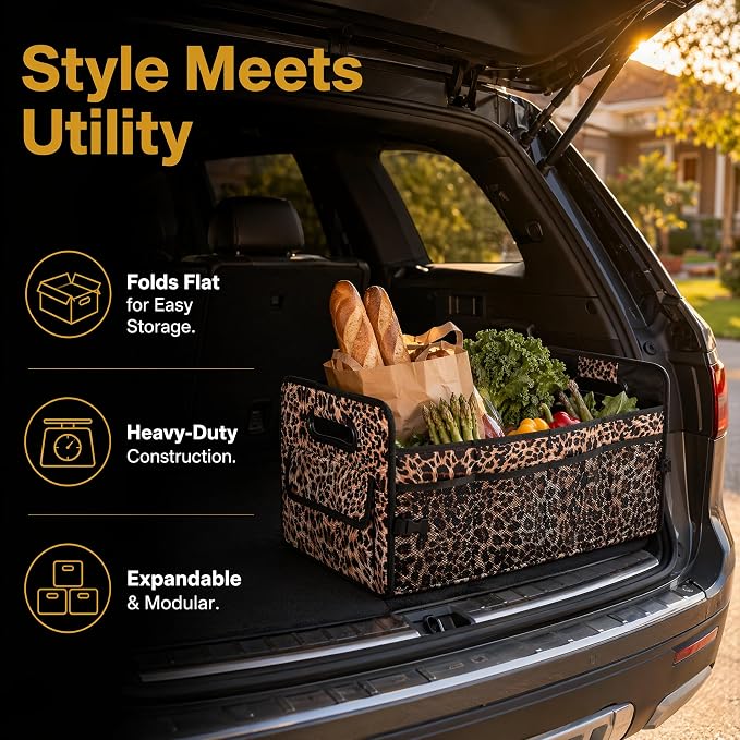 Car Trunk Organizer for SUV & Car, Foldable Waterproof Basket with Front & Side Pockets, Leopard Print Car Accessories for Women, Durable Oxford Cloth Backseat & Truck Bed Organizer
