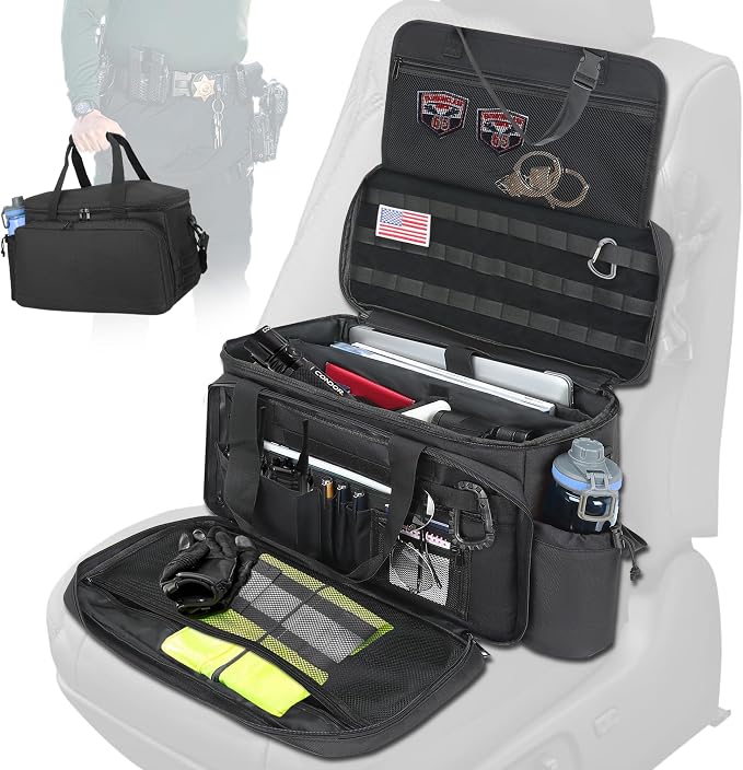 Patrol Bag Law Enforcement Car Front Seat Organizer, 17" Laptop Sleeve, MOLLE, Cup Holder, Water Resistant, Multiple Pocket Tactical Police Gear and Duty Bag