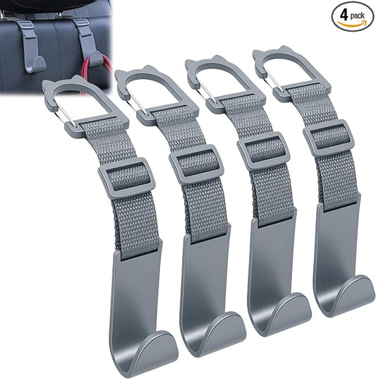 Amooca Car Headrest Hooks 4 Pack Adjustable Universal Fit Auto Seat Back Organizer Storage Hanger Purse Bags Holder with Clip Gray